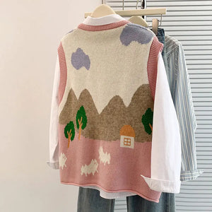 VILZSTUDIOS Oversized Jacquard Knit Sleeveless Cardigan