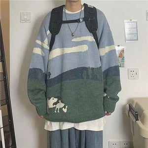 VILZSTUDIOS Vintage Winter Cows Print Sweaters
