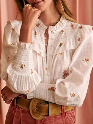 VILZSTUDIOS Ruffled Floral Print Lantern Sleeve Blouse