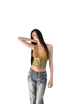 VILZSTUDIOS Yellow Daisies Front Tie Halter Crop Top