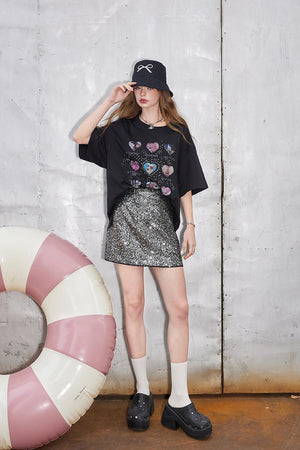 VILZSTUDIOS Silver Sequined High Waisted A-Line Mini Skirt