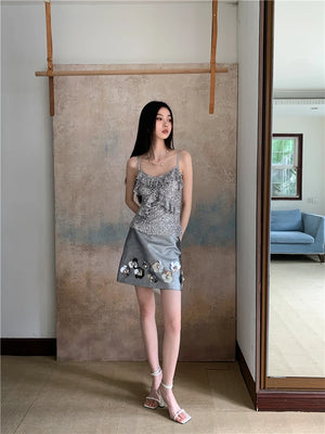 VILZSTUDIOS Silver Sequin Ruffles Tank Top