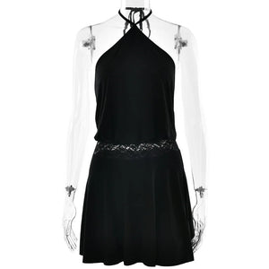 VILZSTUDIOS Sleek Lace Patchwork Halter Mini Dress