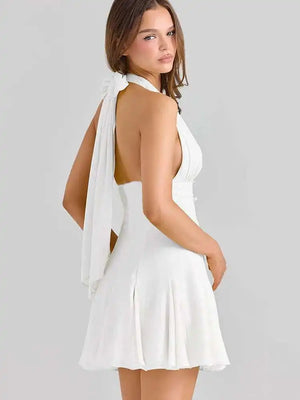 VILZSTUDIOS Yellow Lace Halter Backless Mini Dress
