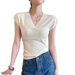 VILZSTUDIOS Sexy White V-Neck Knit T-Shirt