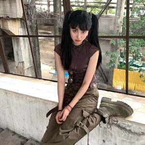 VILZSTUDIOS Vintage Lace-Up Japanese Graphic T-Shirt