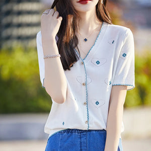VILZSTUDIOS Embroidered Casual V-Neck Light Cardigan