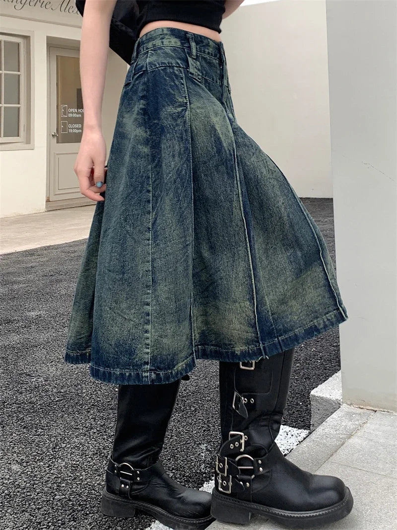 VILZSTUDIOS Vintage Aesthetic Pleated Denim Mini Skirt
