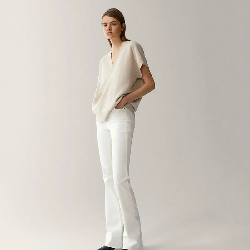 VILZSTUDIOS Basic V-Neck Knitted Short Sleeve Sweater