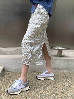 VILZSTUDIOS Silver Metallic Ruched High Skirt