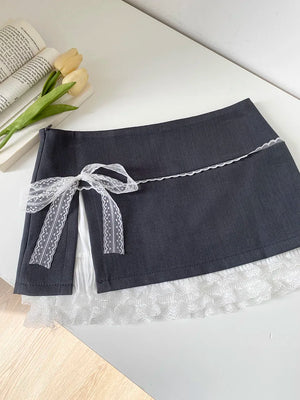 VILZSTUDIOS Spicy Lace Patchwork Strap Mini Skirt