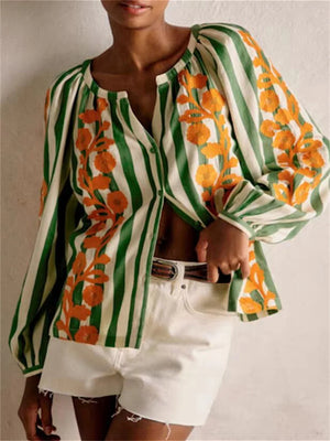 VILZSTUDIOS Striped Embroidered Blouse