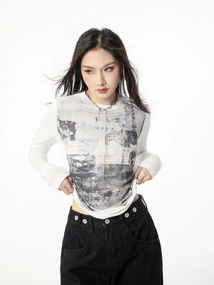 VILZSTUDIOS Vintage White Graphic Long Sleeve Top