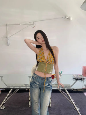 VILZSTUDIOS Yellow Daisies Front Tie Halter Crop Top