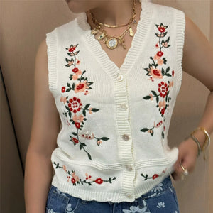 VILZSTUDIOS Cozy Knit Floral Embroidered V-Neck Vest