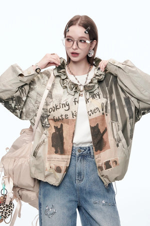 VILZSTUDIOS Retro Cats Print Loose Jacket