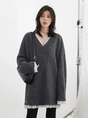 VILZSTUDIOS Casual Loose V-Neck Knit Sweater