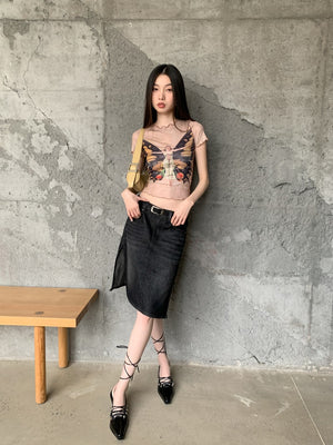 VILZSTUDIOS Butterfly Frill Mesh Graphic Crop Top