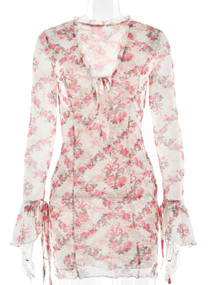 VILZSTUDIOS Floral Lace-Up Pink Mini Dress