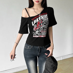 VILZSTUDIOS Gothic Letter Print Cropped Off Shoulder T-Shirt
