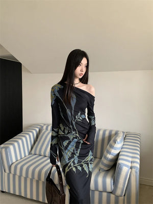 VILZSTUDIOS Dark Blue Floral Off-Shoulder Maxi Dresses