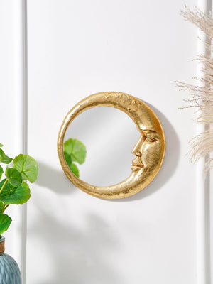 VILZSTUDIOS 1PC, resin material gold face meniscus round decorative hanging mirror, decorative home art pendant, creative makeup mirror.