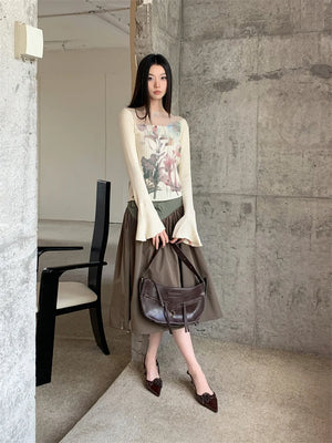 VILZSTUDIOS Floral Knitted Ribbed Long Bell Sleeve Top