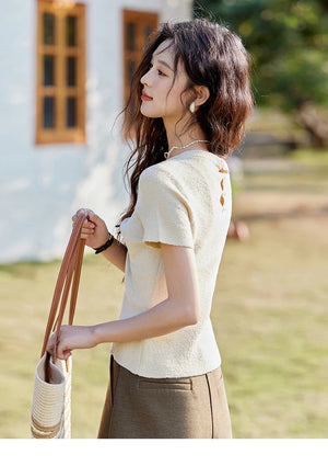 VILZSTUDIOS Pearl Buckle Knitted Short Sleeve T-Shirt