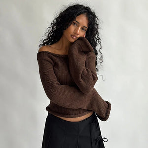 VILZSTUDIOS Chic Off-Shoulder Flare Sleeved Knitted Sweater