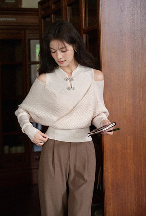 VILZSTUDIOS Beige Chinese Style Off-Shoulder Sweater
