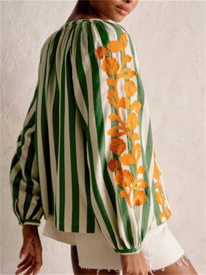 VILZSTUDIOS Striped Embroidered Blouse