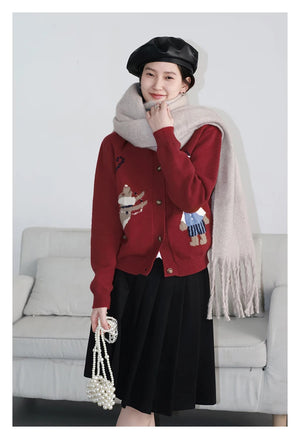 VILZSTUDIOS Retro Jacquard Happy Bear Cardigan