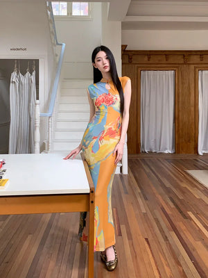 VILZSTUDIOS Elegant Vintage Floral Mesh Sleeveless Dress