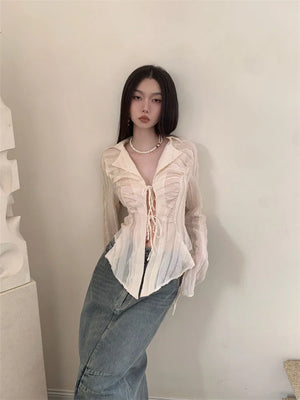 VILZSTUDIOS Apricot Fairycore Lace Up Cropped Blouse