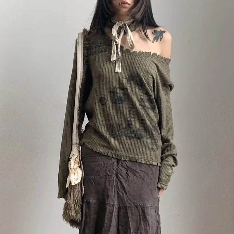 VILZSTUDIOS Vintage Grunge Distressed Knit Crop T-Shirt