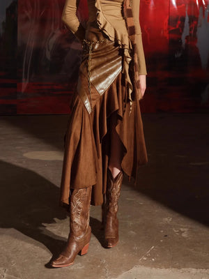 VILZSTUDIOS Luxury Brown Patchwork PU Leather Skirt