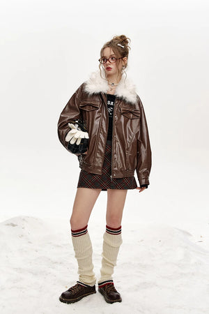 VILZSTUDIOS Plush Collar Spliced PU Jacket