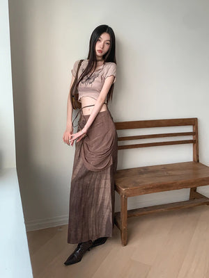 VILZSTUDIOS Brown Tie Dye High Waist Skirt & Top