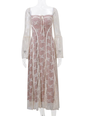 VILZSTUDIOS Elegant Lace Square Collar White Maxi