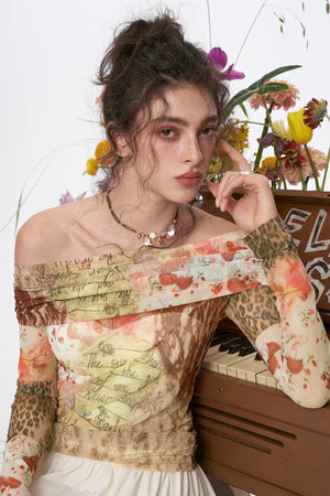VILZSTUDIOS Elegant Printed Mesh Long Sleeve Blouse
