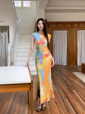 VILZSTUDIOS Elegant Vintage Floral Mesh Sleeveless Dress