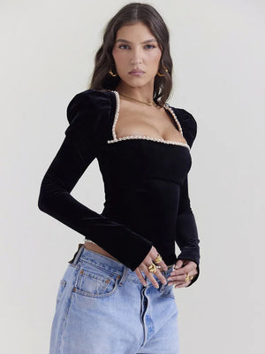 VILZSTUDIOS Black Square Collar Backless Bandage T-Shirt