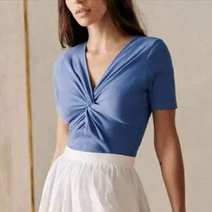 VILZSTUDIOS Slim Cross Knot V-Neck Blouse