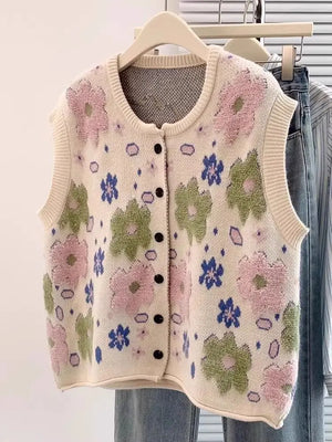 VILZSTUDIOS Cozy Oversized Knitted Floral Sleeveless Cardigan