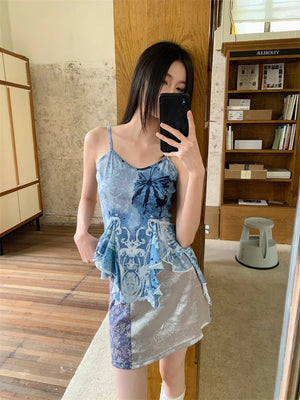 VILZSTUDIOS Blue Ruffles V-Neck Tank Top With Grey Mini Skirt