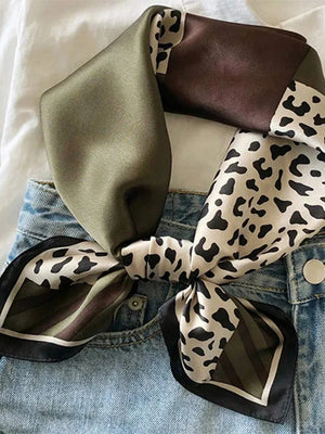 VILZSTUDIOS 70*70cm Leopard Green Brown Silk Scarf Women Simulated Silk Fresh and Elegant Versatile Headwear Clothing Bags and Square Scarf