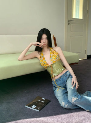 VILZSTUDIOS Yellow Daisies Front Tie Halter Crop Top