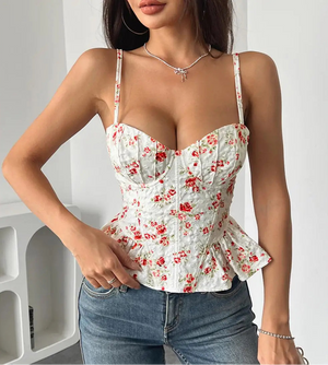 VILZSTUDIOS Floral Lace Up Irregular Crop Blouse