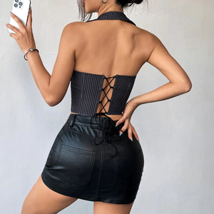 VILZSTUDIOS Black Striped Halter Top