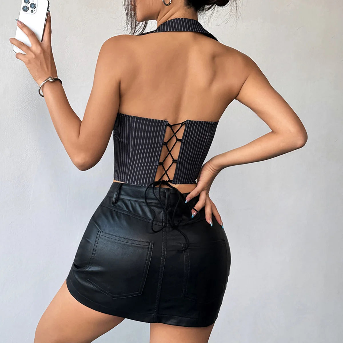VILZSTUDIOS Black Striped Halter Top